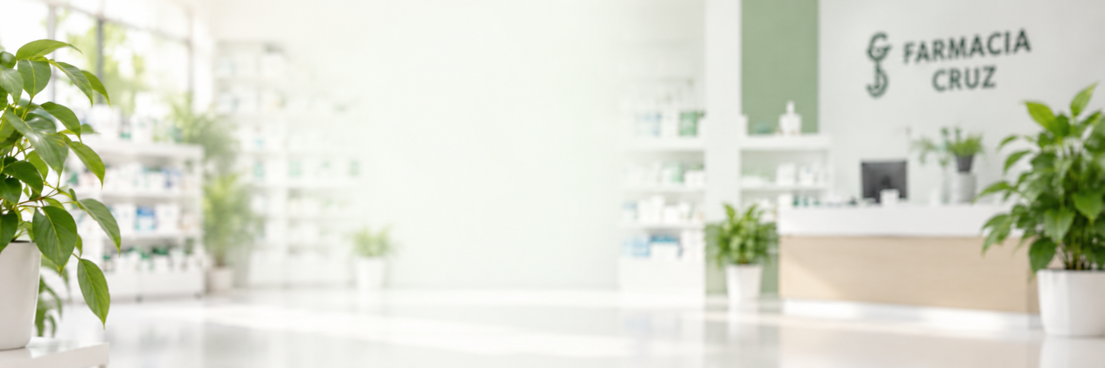 Interior de Farmacia Cruz con mostrador, estanterías y plantas