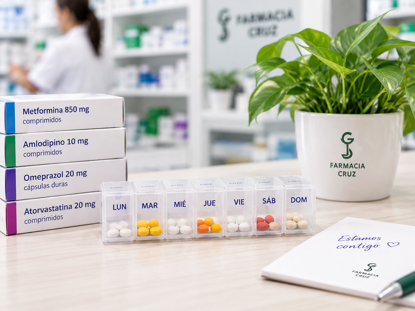 Pastillero semanal y medicamentos organizados en el mostrador de Farmacia Cruz
