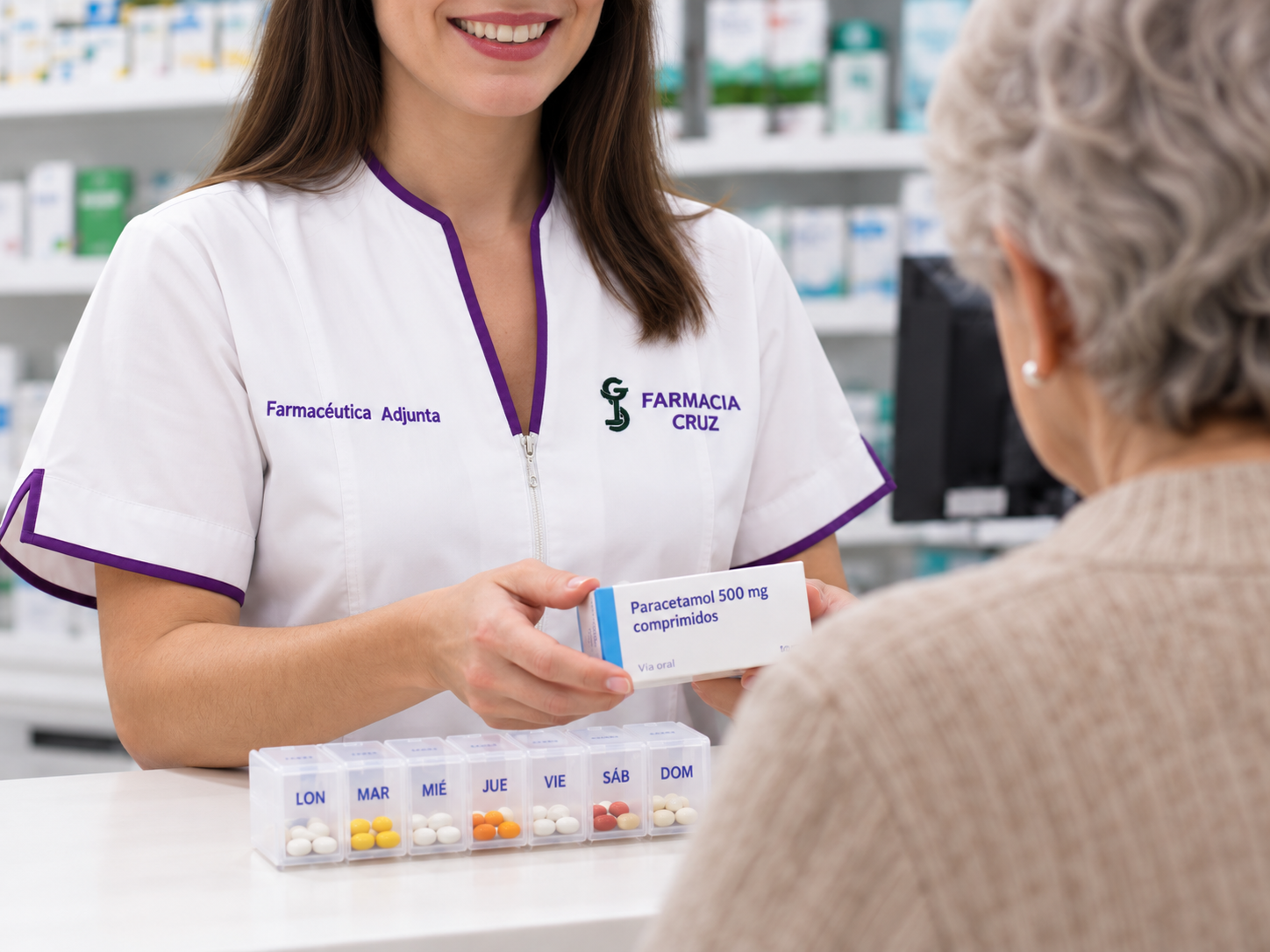 Farmacéutica de Farmacia Cruz asesorando a una paciente mayor sobre su medicación junto a un pastillero semanal