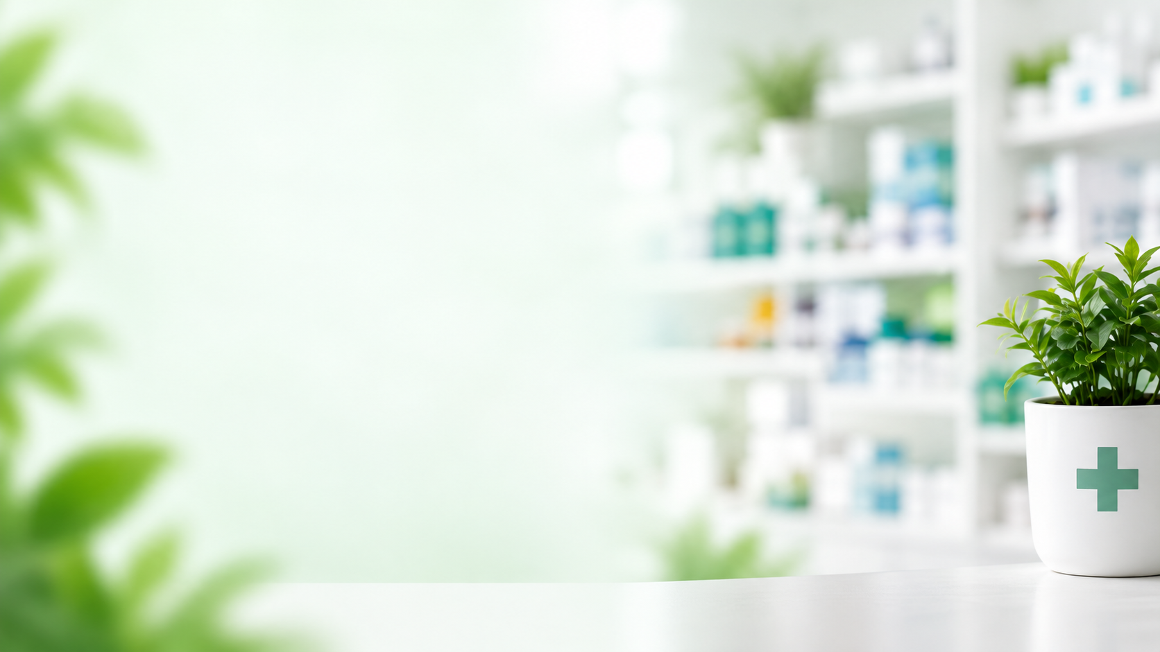 Interior de farmacia con una planta y una cruz verde