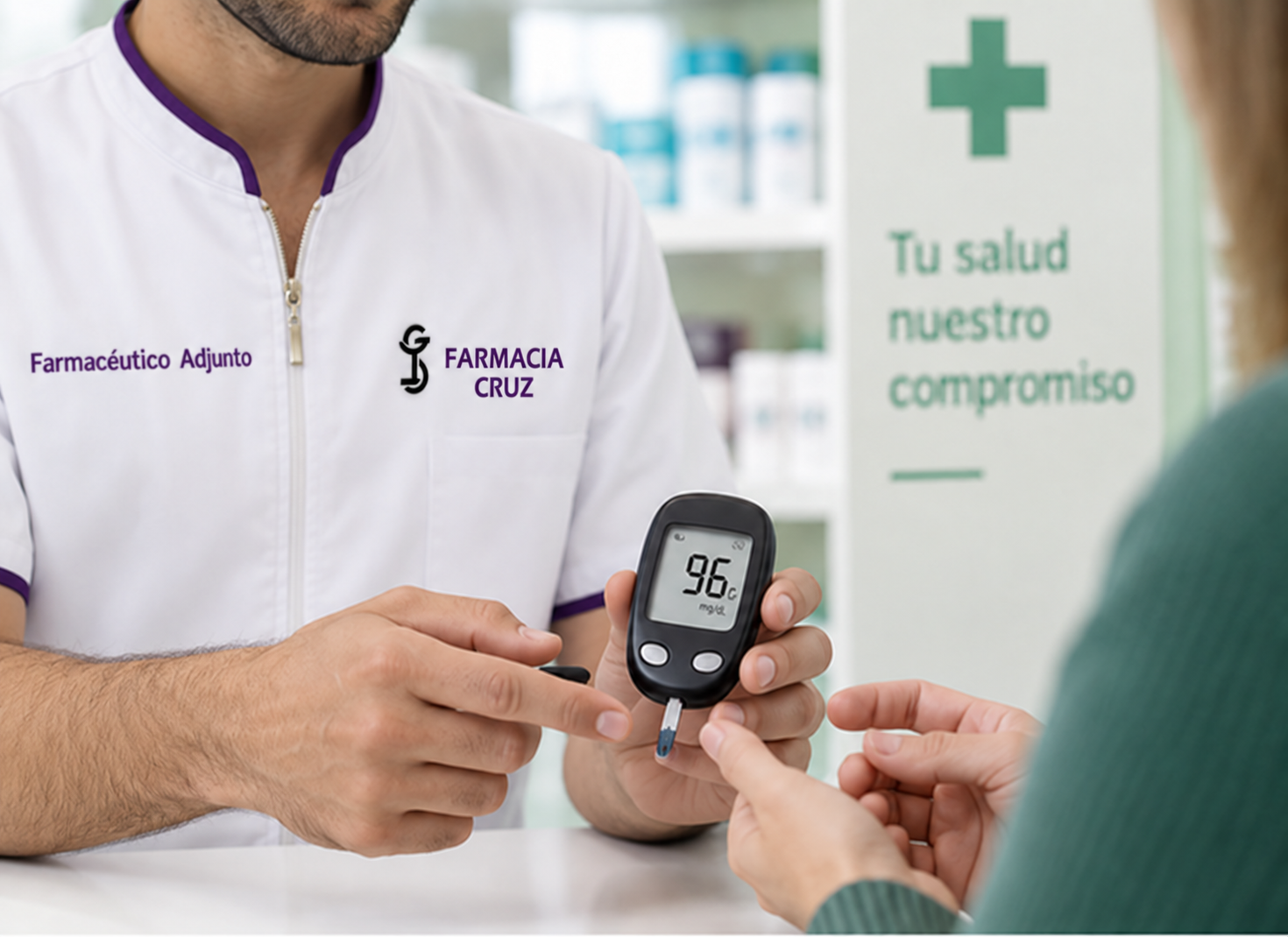 Farmacéutico de Farmacia Cruz mostrando un glucómetro a una paciente