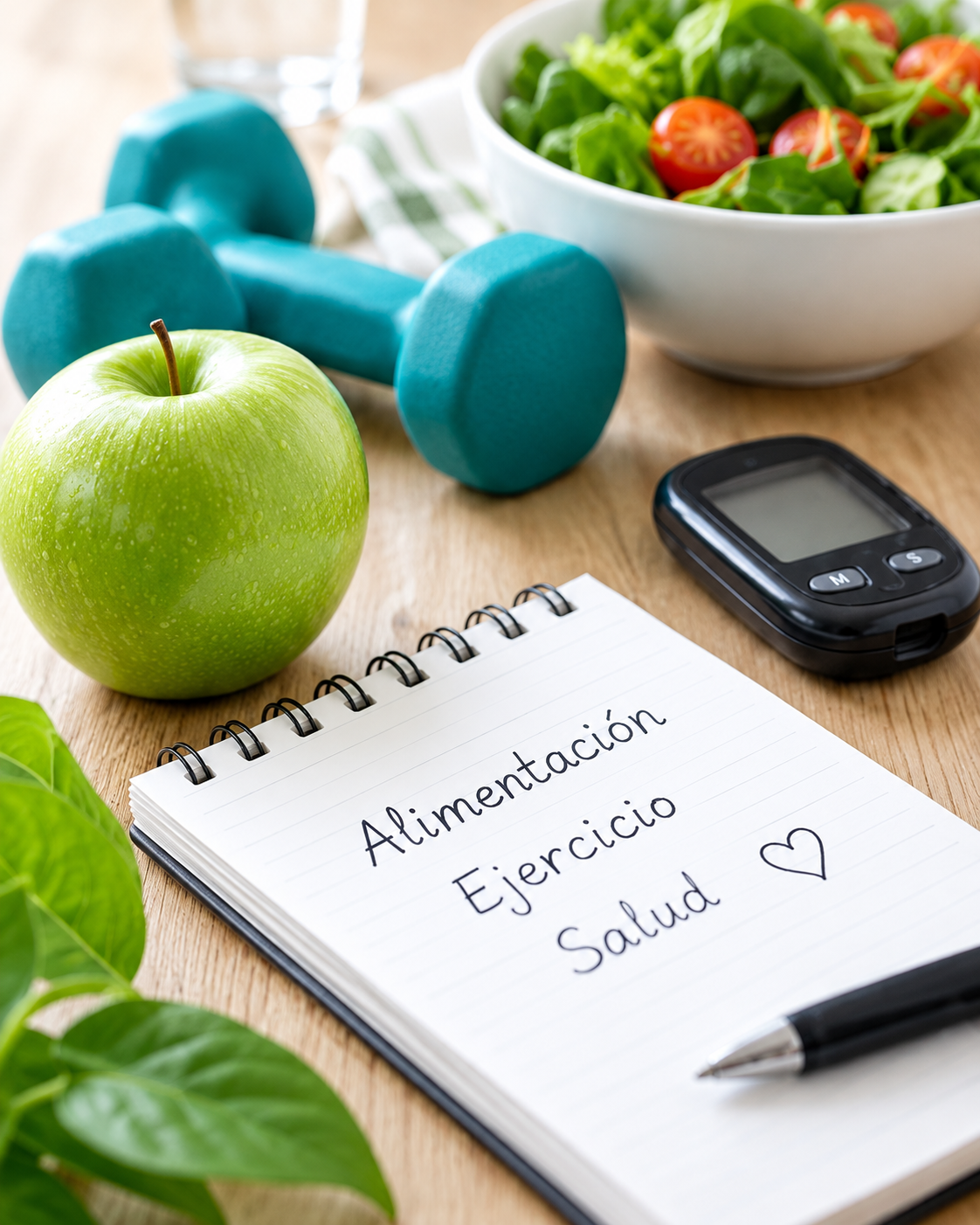 Manzana, ensalada, pesas y glucómetro junto a un cuaderno de hábitos saludables