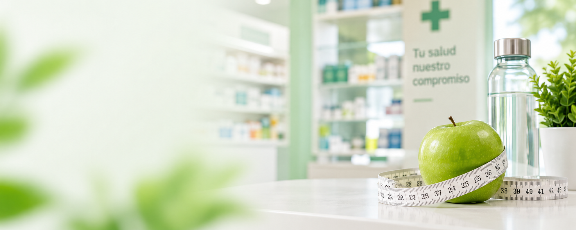 Escena de farmacia relacionada con salud, nutrición y control de peso