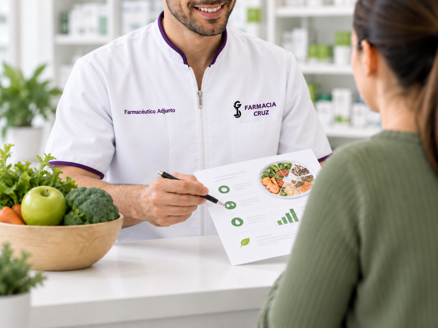 Farmacéutico de Farmacia Cruz con uniforme blanco y detalles morados asesorando a una paciente sobre alimentación saludable y control de peso