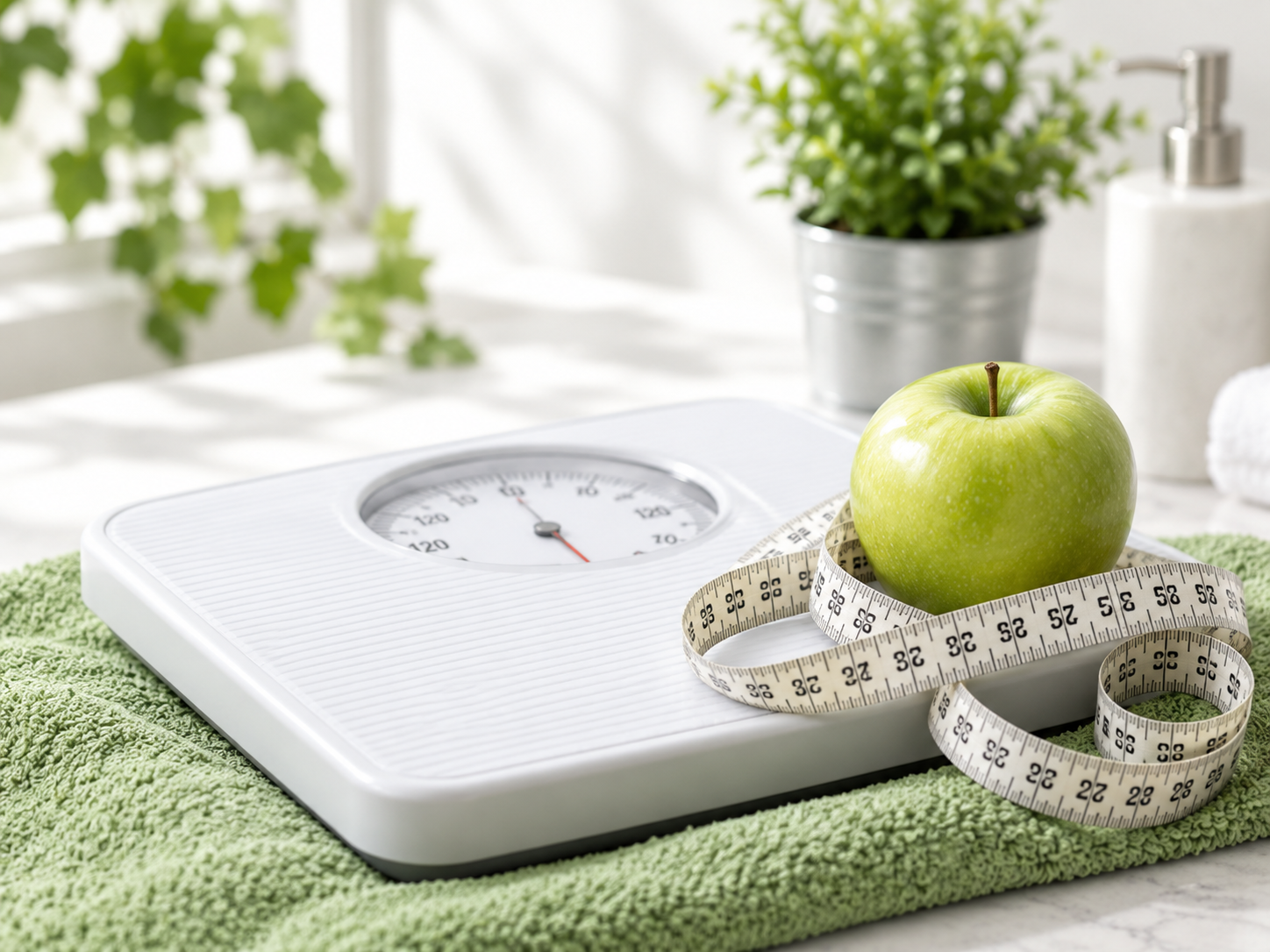 Báscula, manzana verde y cinta métrica para control de peso