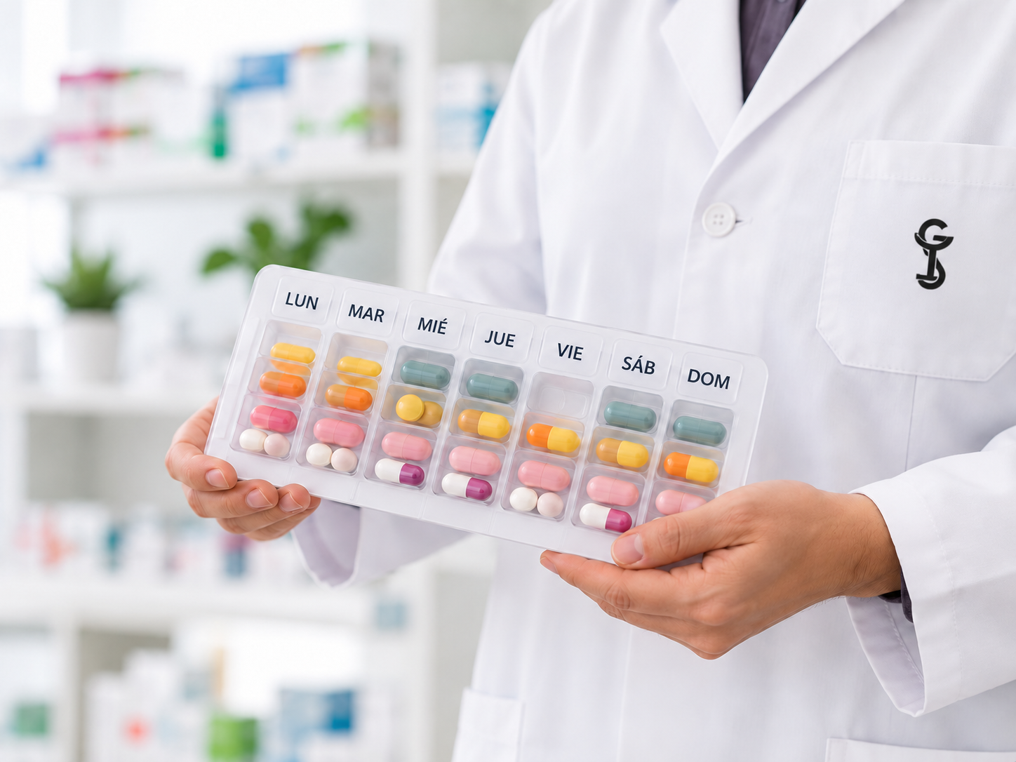 Profesional de farmacia mostrando un organizador semanal de medicación